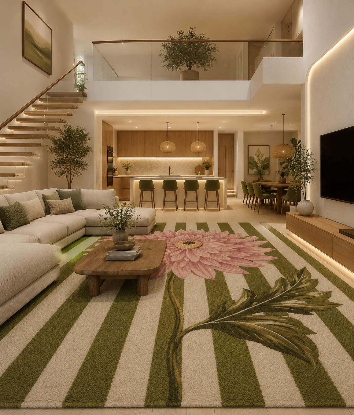 Olive Bloom Stripes Rug